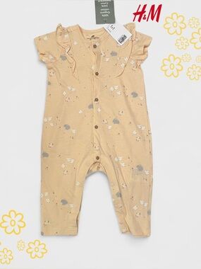 H&M Pale Yellow Ruffle-Sleeve One-Piece Footie